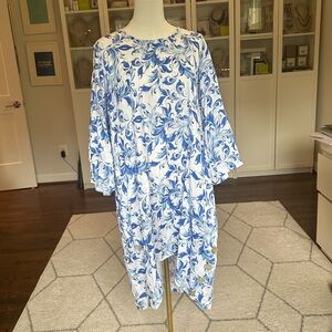 100% Linen Floral Dress with Mother of Pearl Buttons Hand Sewn in Capri Italy